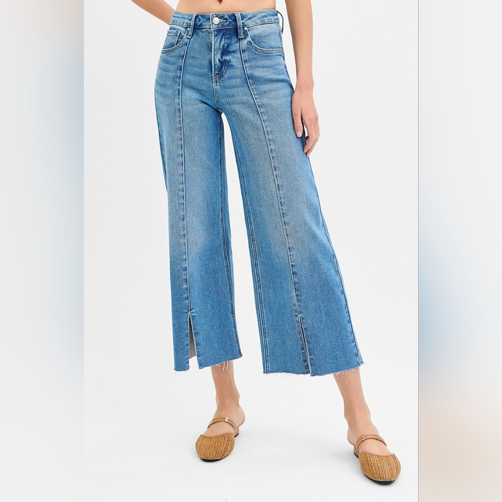 RISEN Mid-Rise Tummy Control Pintuck Seam Wide Leg Pants Slit Hem Denim Jeans - Picture 10 of 16